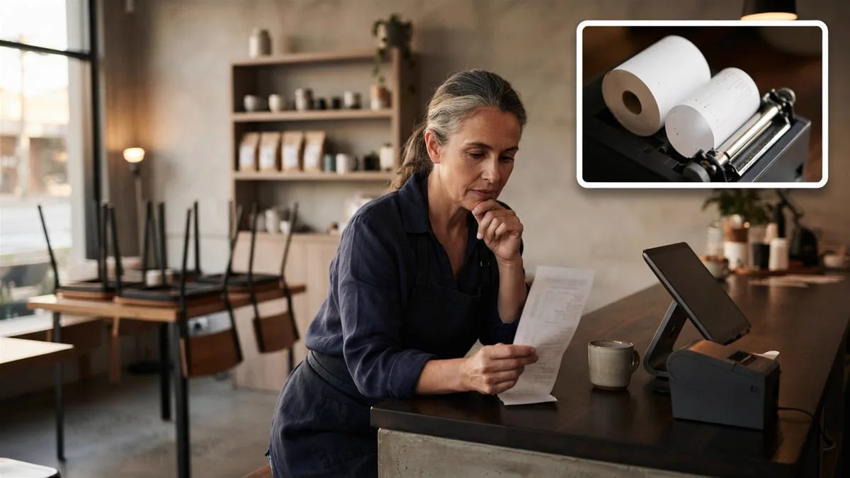 A cafe owner going through a point of sale report at the counter